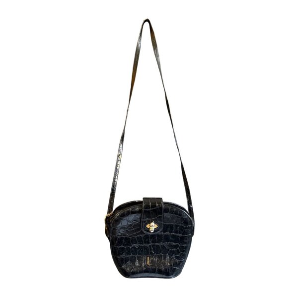 Stuart Weitzman Faux Leather Croco Embossed Patent Shoulder Bag Women's Black - Picture 2 of 11